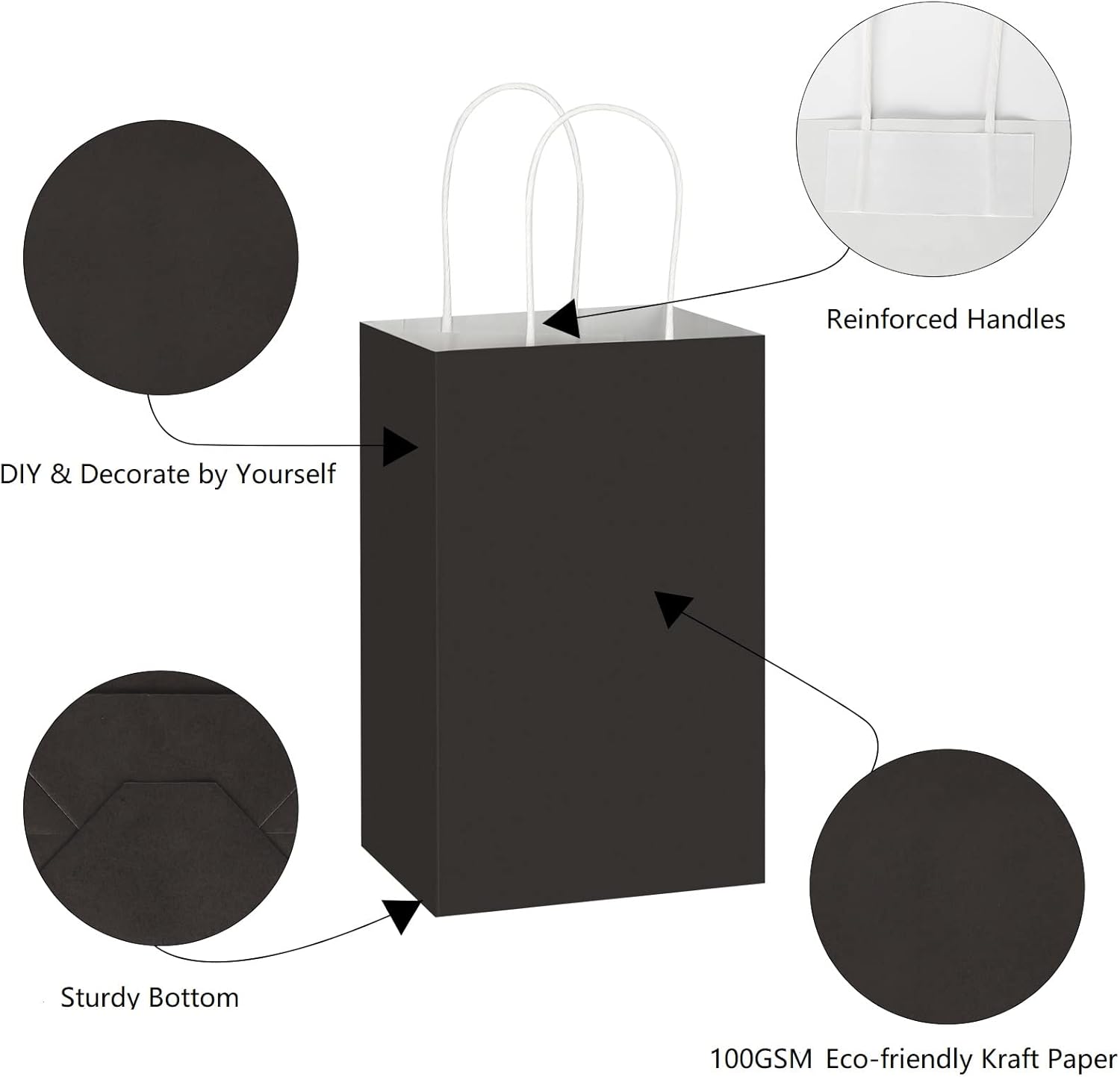 Toovip 100 Pack 5.25x3.25x8.25 Inch Small Black Kraft Paper Bags with Handles Bulk, Gift Wrap Bags for Favor Grocery Retail Party Birthday Shopping Business Goody Craft Merchandise Take Out Cub Sacks - Image 3