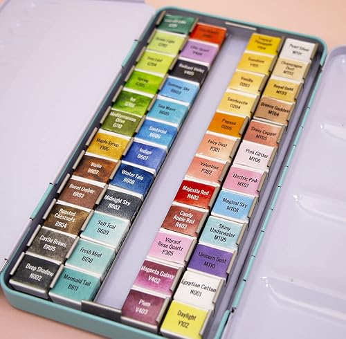 Miniatura 6 de Craftelier - Pastillero de acuarela con surtido de 48 colores + pincel de agua con depósito de agua para caligrafía, letras o medios mixtos y otras