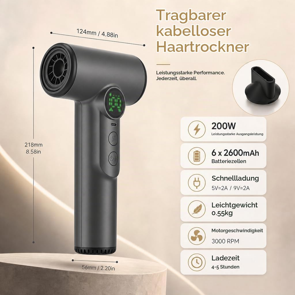 Akku Reisefön Kabellos – 200W Tragbarer Haartrockner mit 3 Temp. & 3 Geschw | 15600 mAh Wiederaufladbarer Föhn mit Digitalem Display für Camping, Reisen, Wohnmobil & Schlafsäle