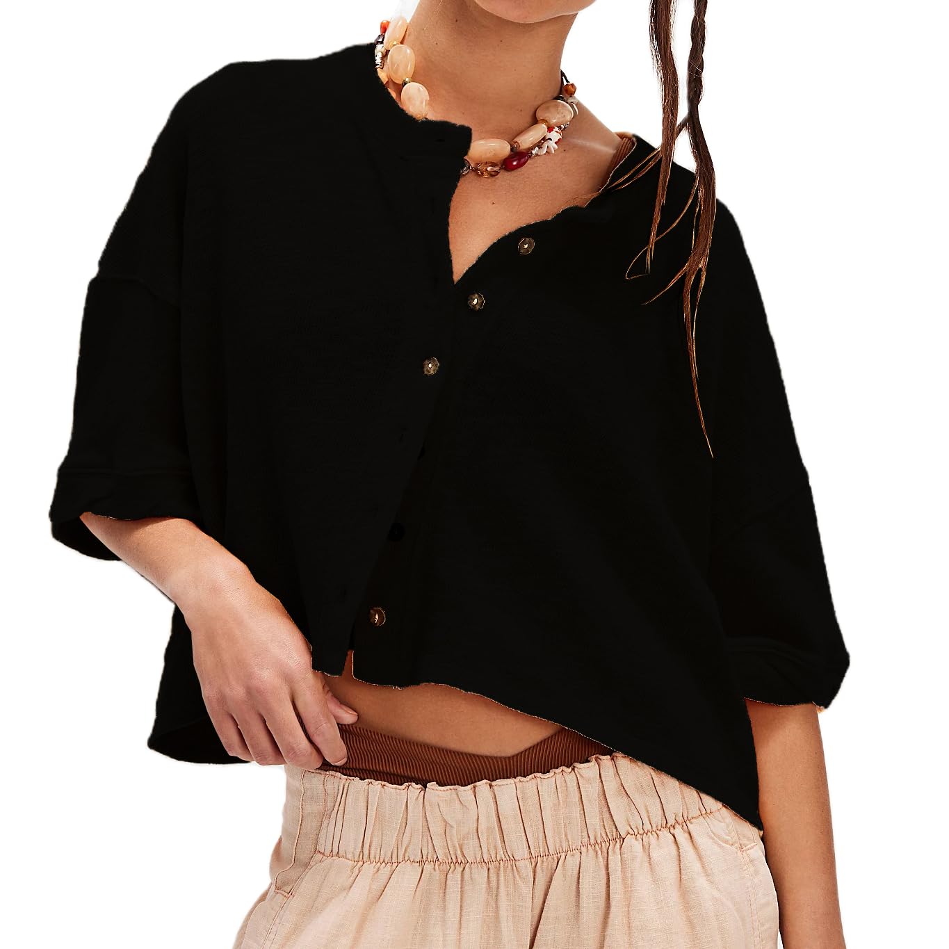 Women Button Front Cardigan Half Sleeve Solid Color Loose Fit Casual Lightweight Sweater Jacket Knit Jumper Tops