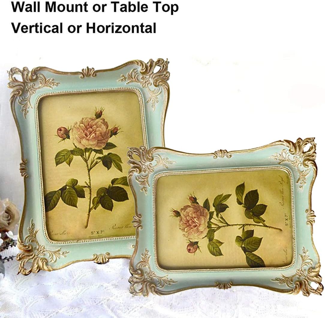 CISOO 5x7 Vintage Picture Frame Antique Ornate Blue Photo Frame, for Table Top and Wall Display, Decorative Floral Design Retro Home Decor, Photo Gallery Art