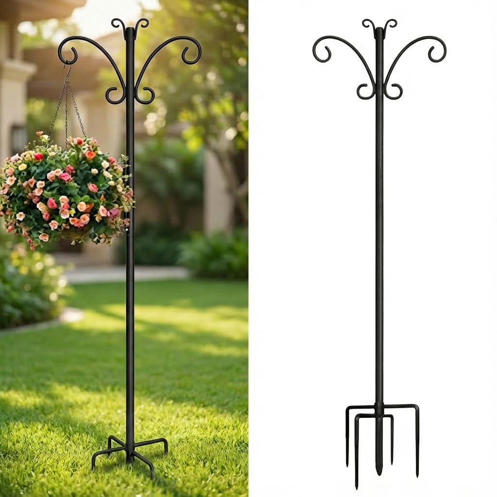 Hoofun Crochet de Berger Jardin: 234cm/92in Outdoor Métal Heavy Duty Berger Station Suspendue, Top Papillon avec Base à Griffes Améliorée, 19mm Épais pour Lanternes, Lampes Solaires, Oiseaux Sauvages