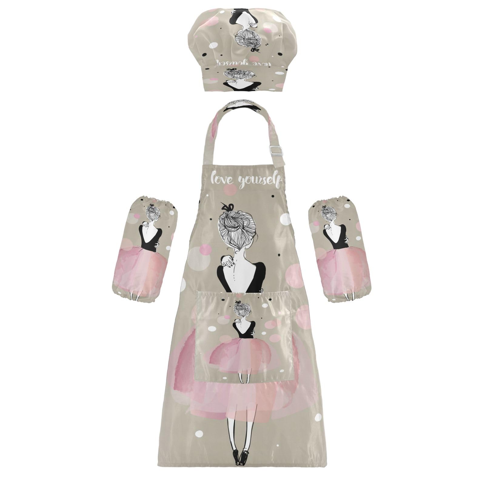 Kids Apron Chef Hat Set Adjustable Bib Aprons with Pockets Beautiful Girl for Cooking Baking Painting Age 7-12