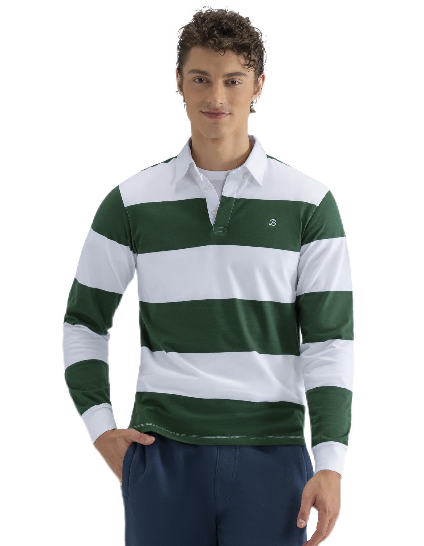 BRIAN OAK LONDON White and Green Yarn Dyed Striped Rugby Shirt (UK, Alpha, S, Regular, Regular, White)