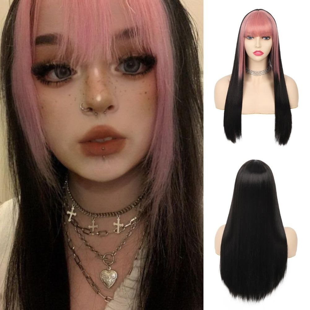 Salaibs Black Straight Long Womens Wig with Pink Bangs Synthetic Heat Resistant Fiber Cosplay Halloween Wig