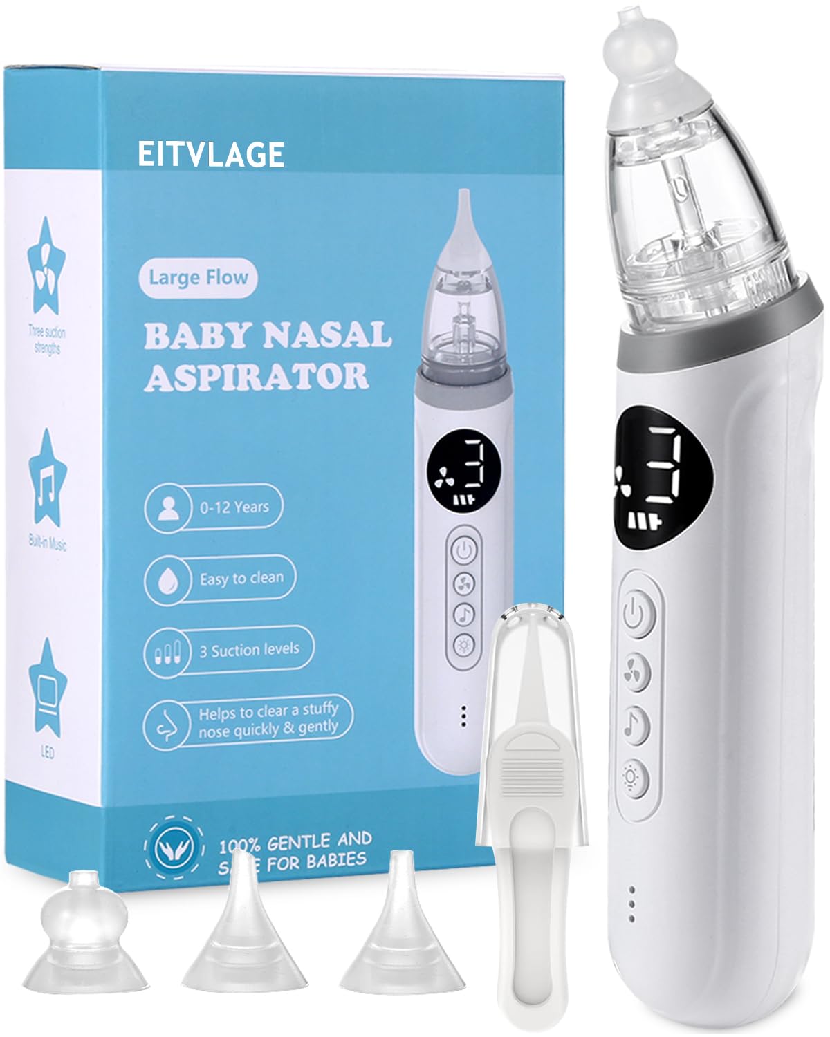 Nasensauger für Baby, Elektrischer Nasensauger für Kleinkind, Baby Nasensauger, Automatischer Nasenreiniger mit 3 Silikonspitzen, Einstellbare Saugkraft, Musik und Licht Beruhigende Funktion