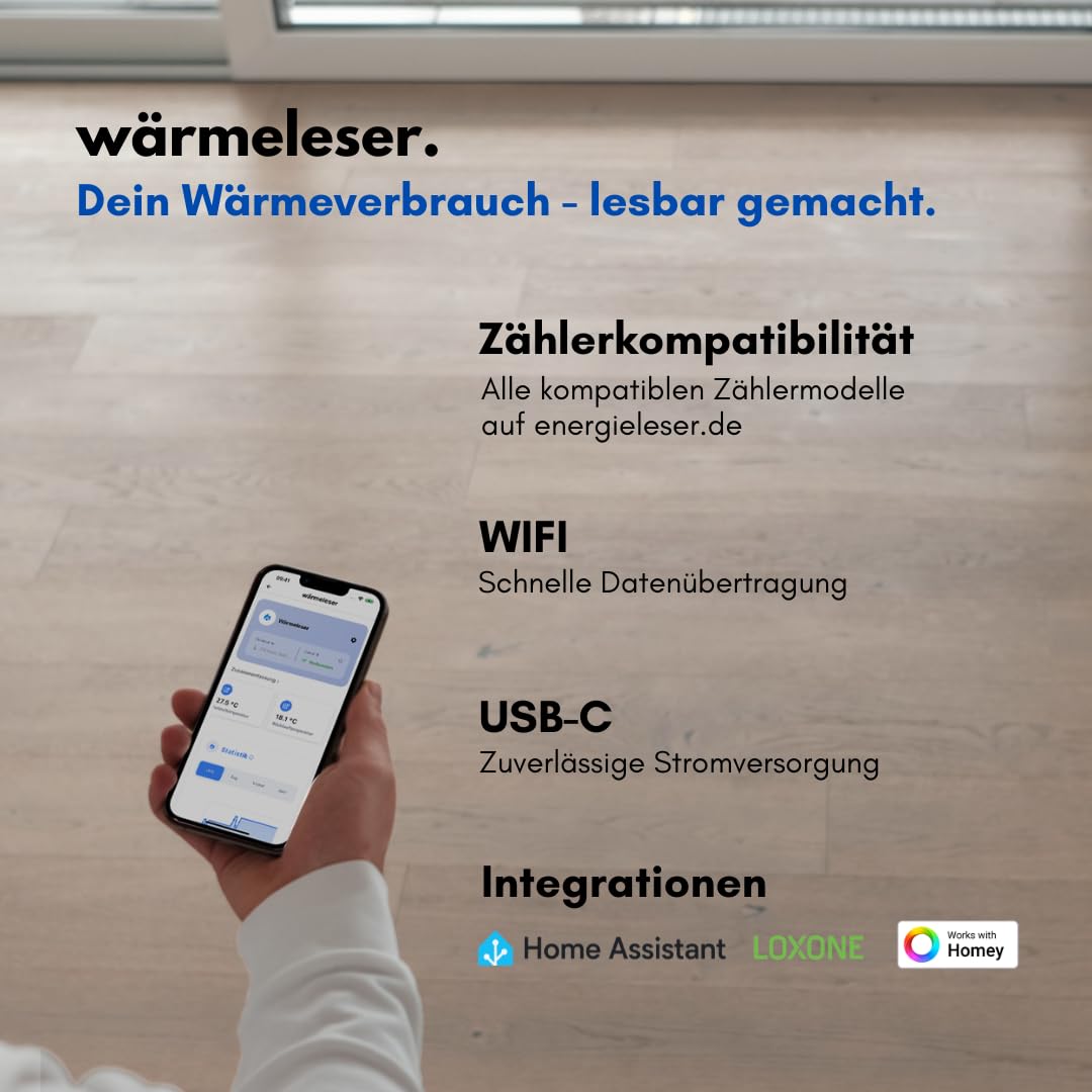 WLAN Lesekopf für Wärmemengenzähler & Wärmezähler mit App, Energieverbrauch messen, optische Schnittstelle, USB-C, Plug & Play, Home Assistant