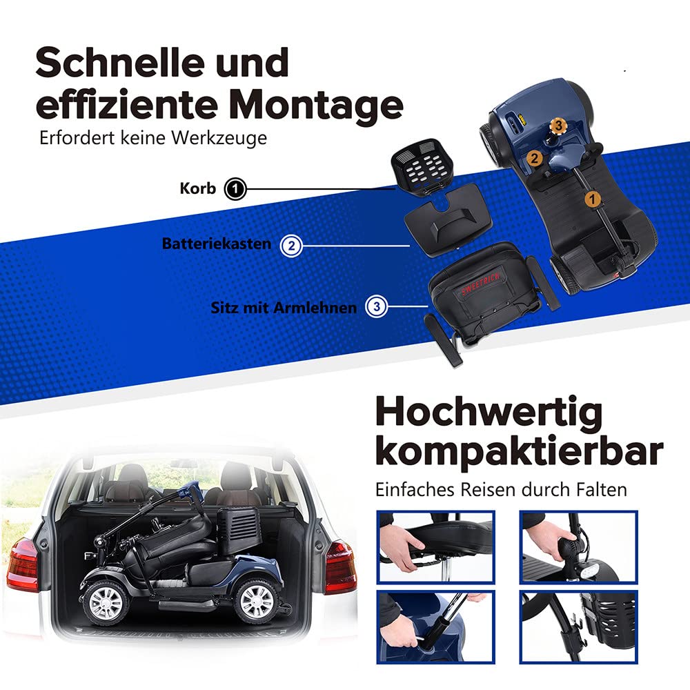 Kompaktowy Mobilny Skuter Elektryczny Dla OsóB Starszych - Lekki PrzenośNy Skuter PodróżNy Na 4 KołA - Elektryczny Mobilny SkłAdany - Osoby W PodeszłYm Wieku/NiepełNosprawne,Blue