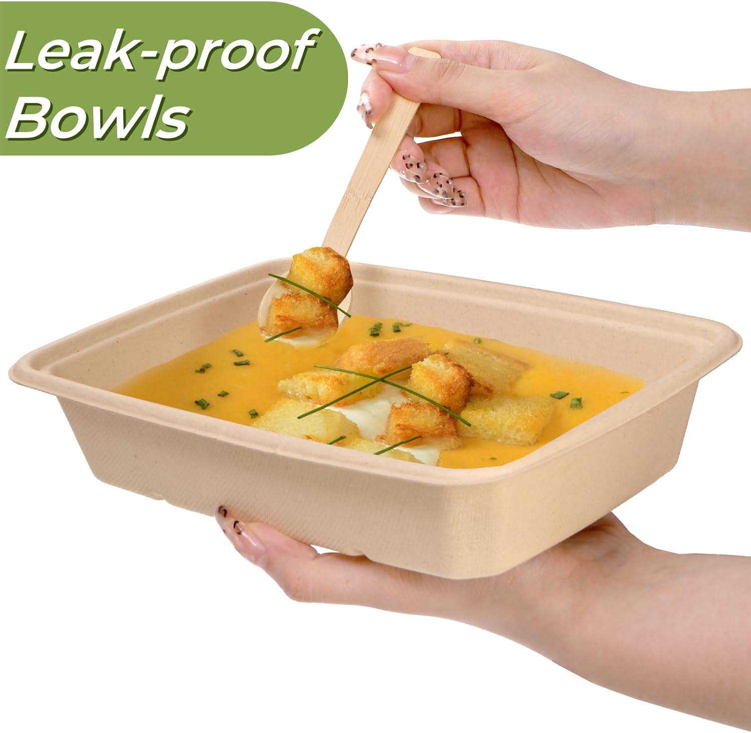 100 Pack 32 oz Rectangle Paper Bowls, 9" Disposable Large Salad Bowl, Microwavable Bagasse Lunch Plate for School, Heavy Duty Food Catering Container for Burrito Baked Potato Taco Nacho Party - Image 3