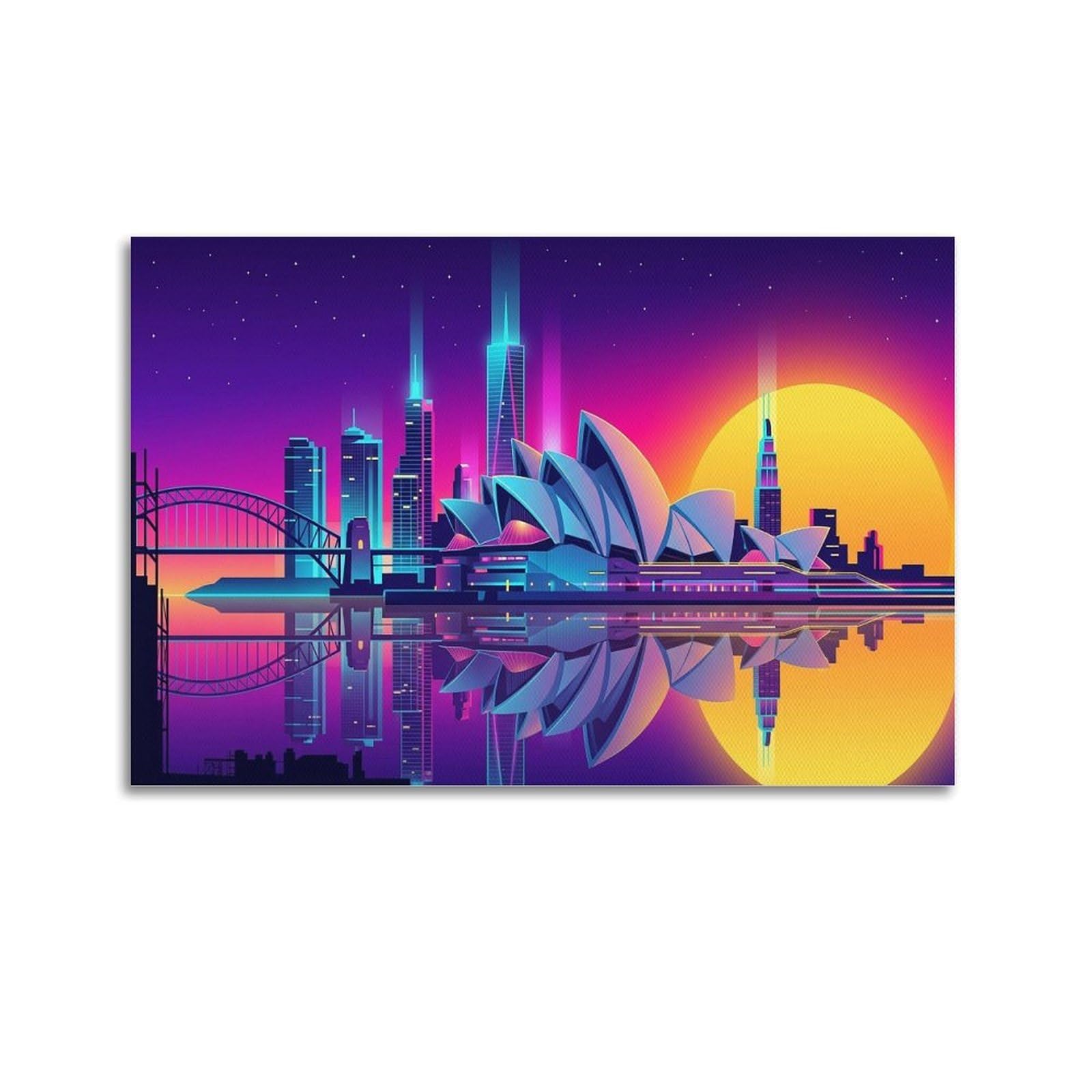 OKAHYS Sydney Sydney Opera House Synthwave Travel Poster Modern Decorative Canvas Prints - Ideal Wall Art for Family, Man Cave, Game Room, Boys & Girls Bedroom 24x36inch(60x90cm)