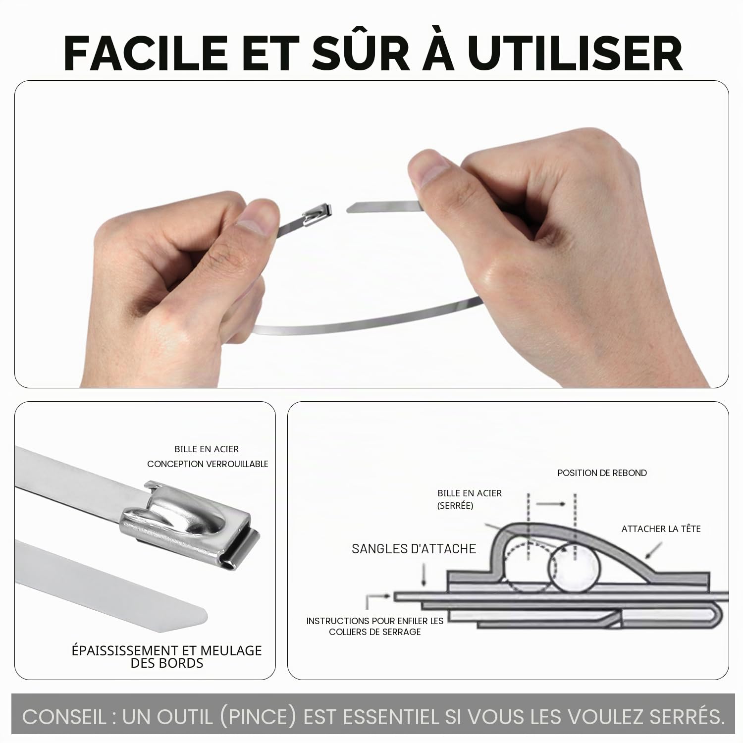 100 Pièces Collier de Serrage Inox 600mm×4,6mm métal Zip Ties Capacité de Charge 122 kg Serre Câbles Acier Autobloquante Attache Câbles en Métal Pour Extérieur, ClôTure, Garage