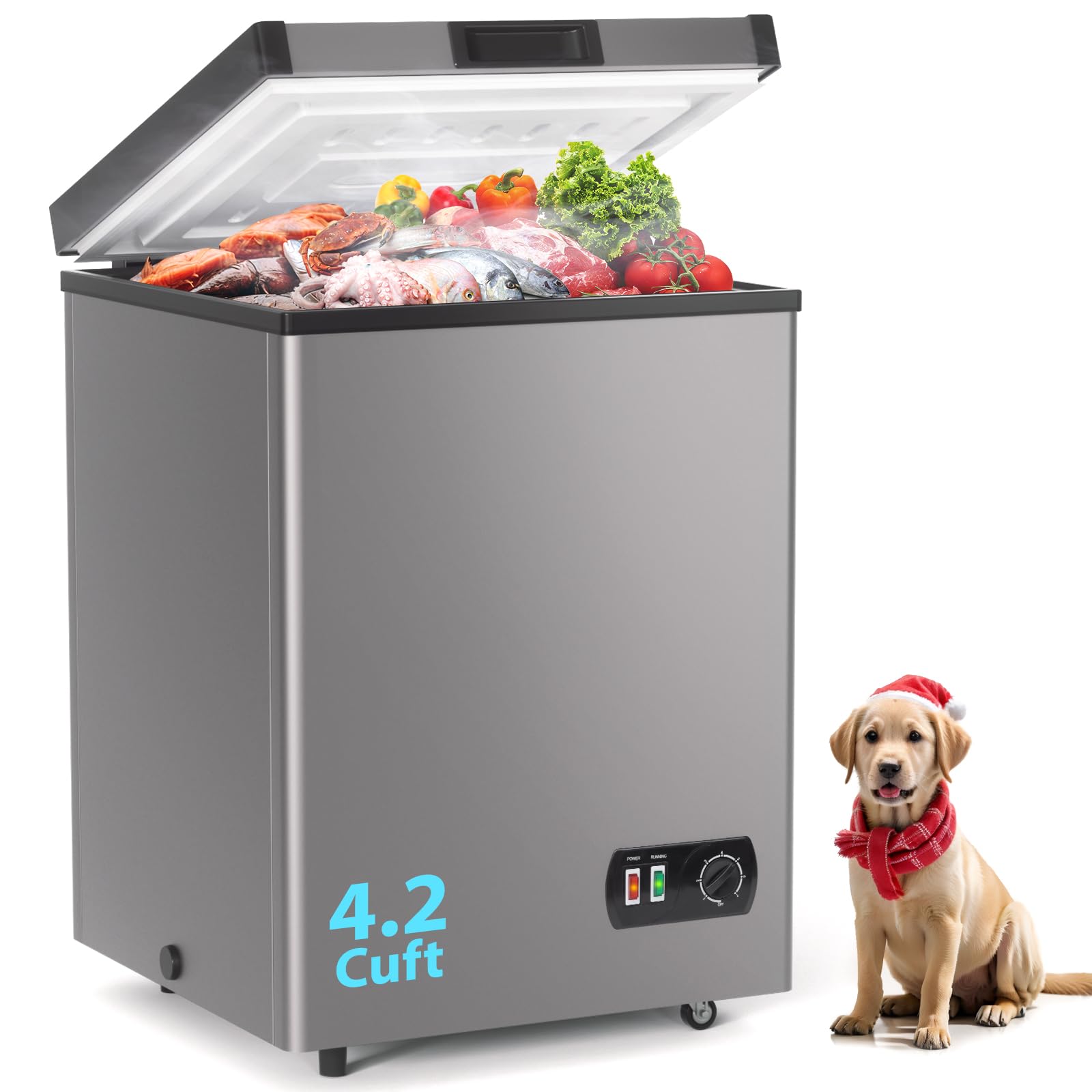 Congelador horizontal LifePlus de 4,2 pies cúbicos, pequeño, con puerta superior y cesta extraíble, control de temperatura de 7 °C, ahorro de energía, compacto, para el hogar, la cocina, la oficina, el dormitorio, el apartamento, uso en interiores, color gris.