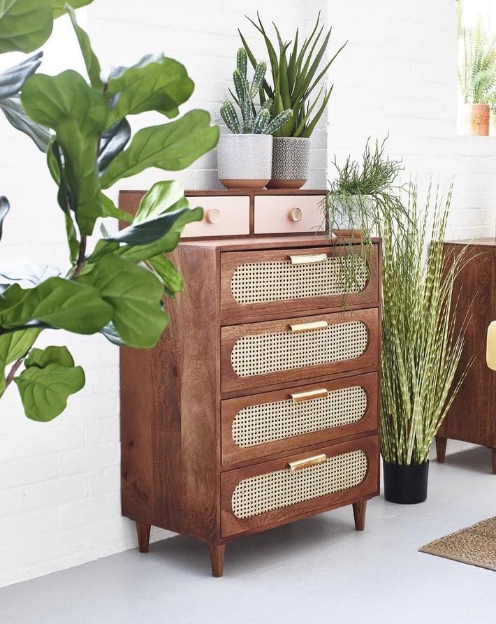 Image of Space Galaxy Solid Sheesham Wood Chest of Drawer with Cane Rattan Fronts | 6 Drawer Tall Storage Cabinet & Closet Organizer | Bedroom, Living Room & Home Furniture | Natural Finish