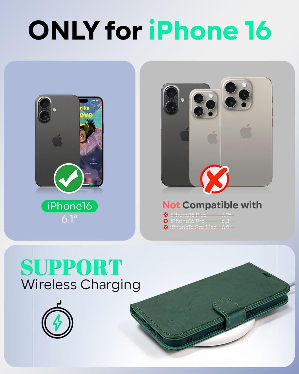 OCASE Compatible with iPhone 16 Plus Wallet Case, PU Leather Flip Folio Case with Card Holders RFID Blocking Kickstand [Shockproof TPU Inner Shell] Phone Cover 6.7 Inch 2024, Blackish Green