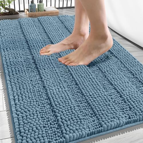 Image of OLANLY Thick Bathroom Rugs 34x21, Extra Soft Absorbent Chenille Striped Bath Rugs, Rubber Backing, Machine Wash Dry, Bath Mats for Bathroom Floor, Tub and Shower, Home Decor Accessories, Airy Blue