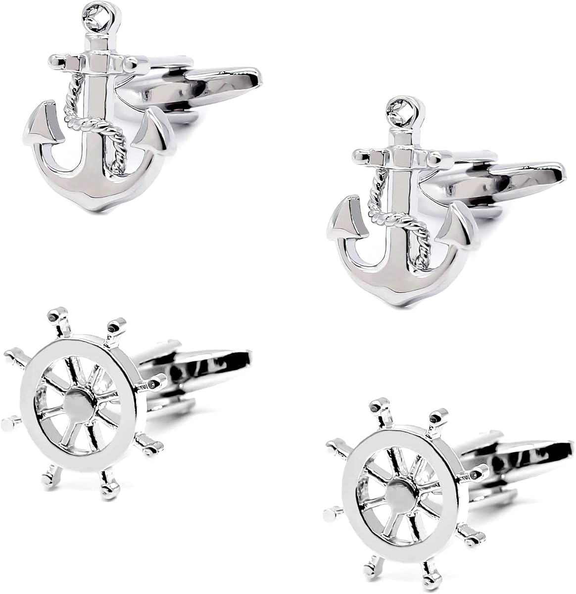 Gemelos para hombre Rueda de barco y ancla náutica Accesorios para camisas de acero inoxidable Gemelos únicos para bodas y negocios para joyería para hombres con caja de regalo, 2 pares