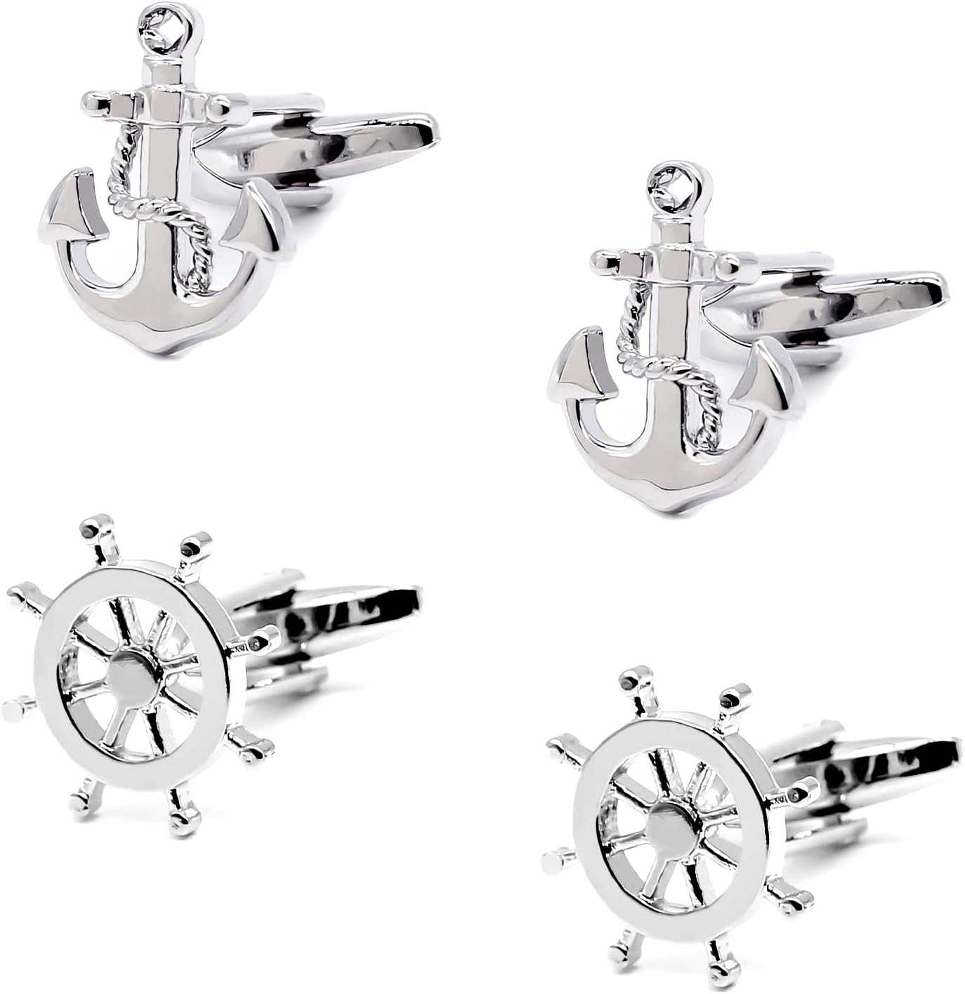 Cufflinks for Men Ship Wheel and Nautical Anchor Stainless Steel Shirt Accessories Unique Wedding Business Cuff Links for Mens Jewelry with Gift Box, 2 Pairs