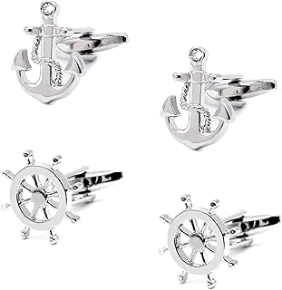 Cufflinks for Men Ship Wheel and Nautical Anchor Stainless Steel Shirt Accessories Unique Wedding Business Cuff Links for Mens Jewelry with Gift Box, 2 Pairs
