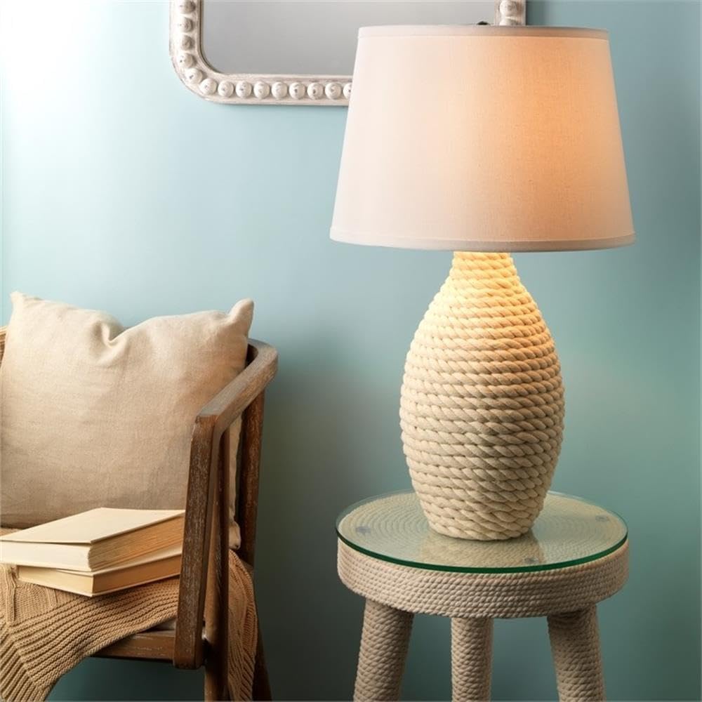 Eden Home 1-Light Table Lamp, Natural Jute Rope Fabric, White Finish with Linen Tapered Shade, 26.5" H, Coastal Style Lighting for Bedroom or Living Room Decor