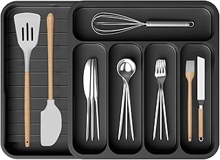 Kitchen Drawer Organizer, Expandable Silverware Drawer Organizer Utensil Tray, 32 * 34cm Adjustable Cutlery and Flatware Holder, Plastic Storage Cutlery Tray for Spoons Forks Knives, Large, Black
