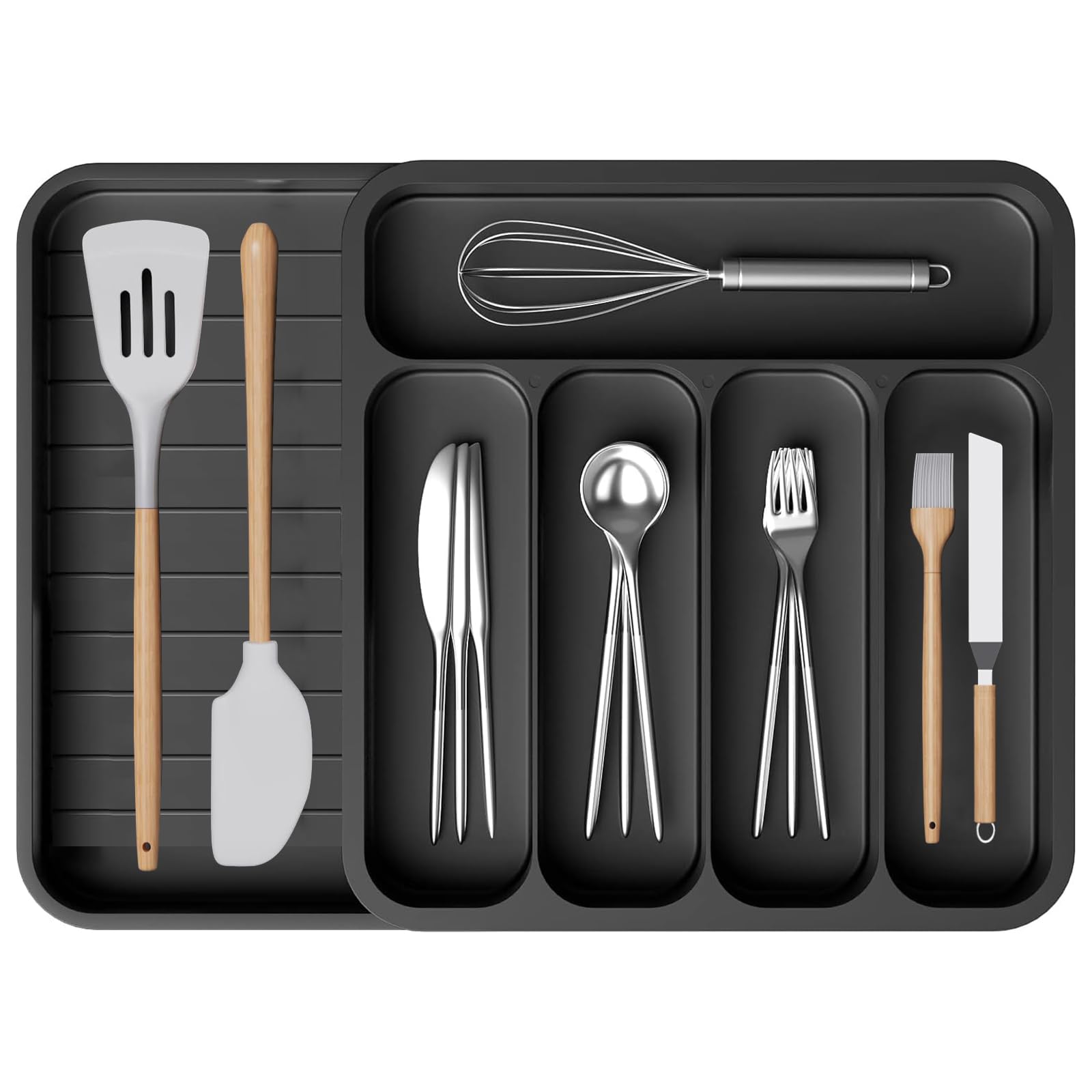 Kitchen Drawer Organizer, Expandable Silverware Drawer Organizer Utensil Tray, 32 * 34cm Adjustable Cutlery and Flatware Holder, Plastic Storage Cutlery Tray for Spoons Forks Knives, Large, Black