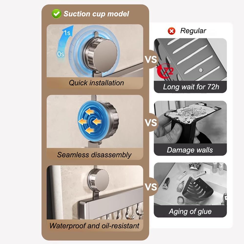 Soporte para utensilios de cocina montado en la pared con ventosa con 10 ganchos móviles, almacenamiento de aluminio duradero para utensilios y herramientas de baño