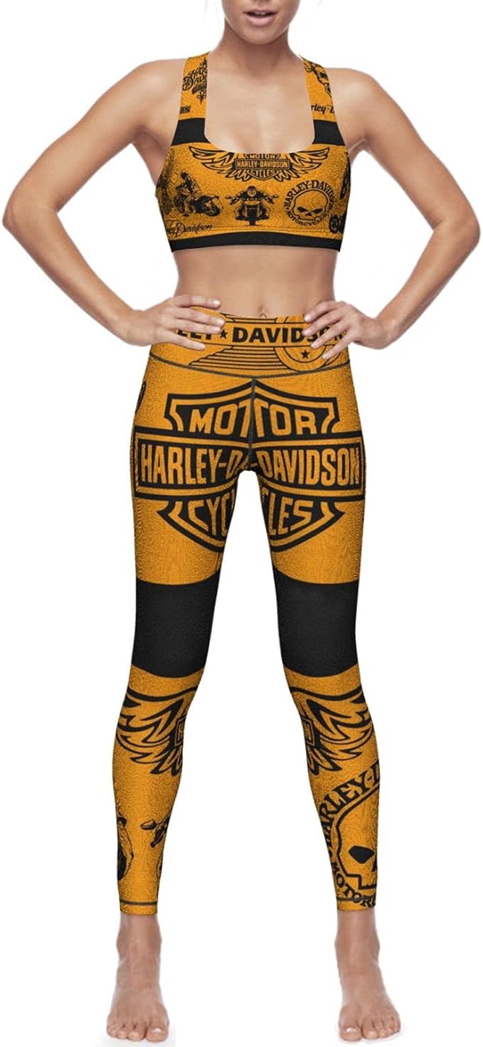 Harley Davidson Logo Womens Yoga Clothes Set,Workout Long Leggings Bra Set Gym Sport Clothes