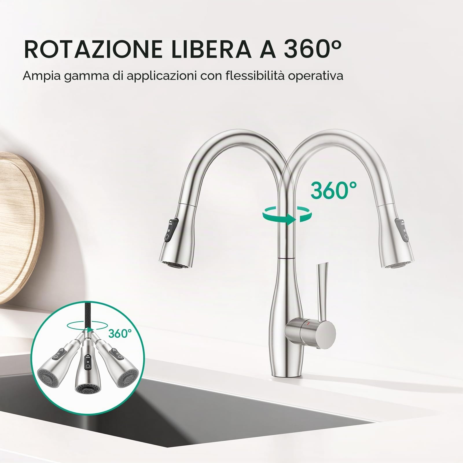 CREA Rubinetto Cucina con Doccetta Estraibile, Miscelatore a 3 Modalità, con Docking Magnetico, Girevole a 360°, Acciaio Inox