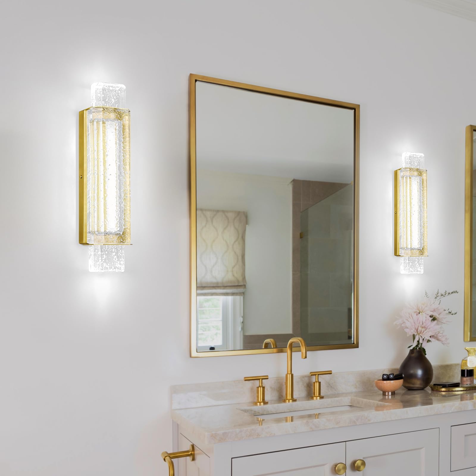 Koini Modern Glam Gold Bathroom Vanity Lights Seeded Glass Globe Wall Sconces Antique Gold L 15 X W 7.5 X H 10