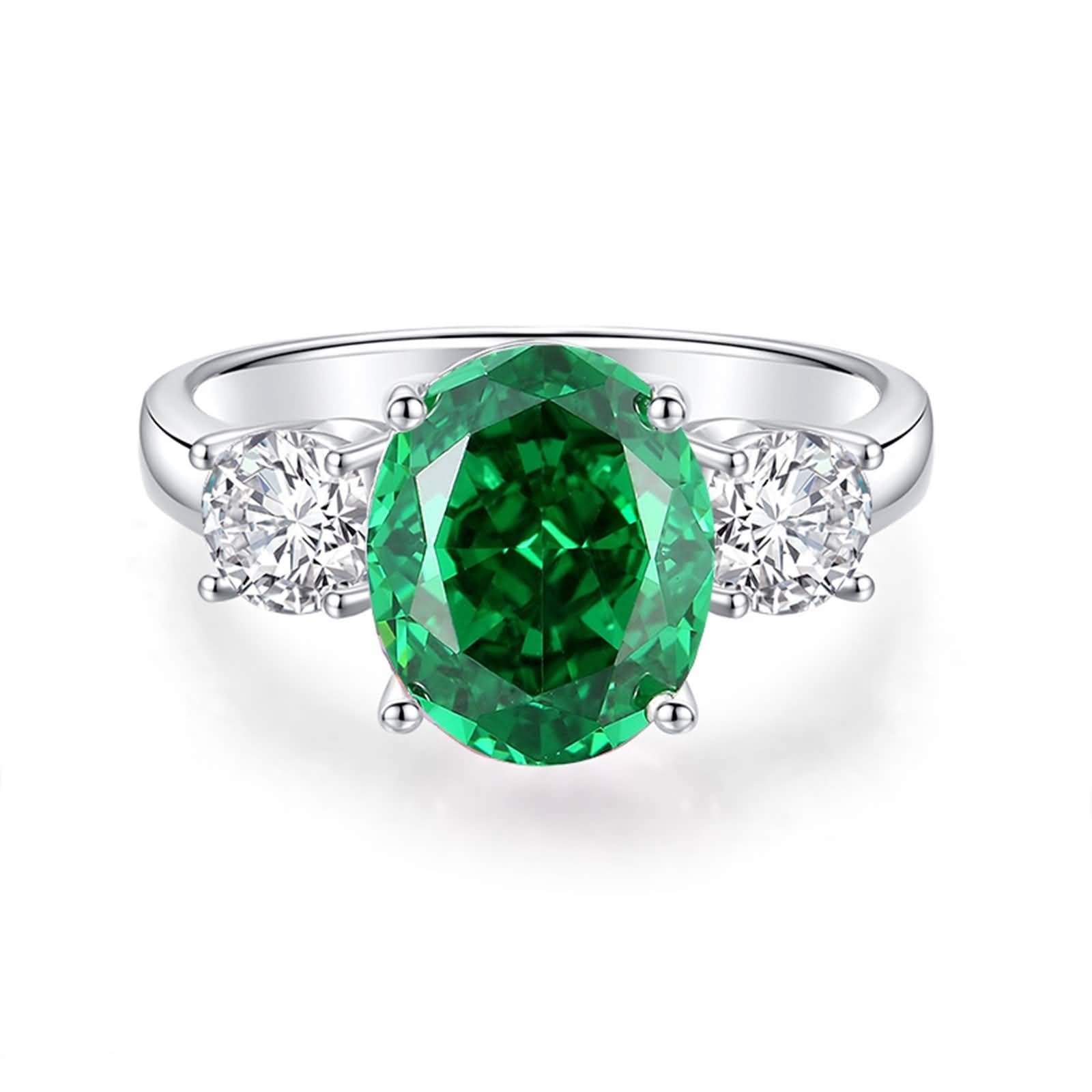 Bague en or blanc 9K/14K/18K / platine Pt950 pour femme, bague verte avec émeraude et moissanite de forme ovale de 9 x 11 mm