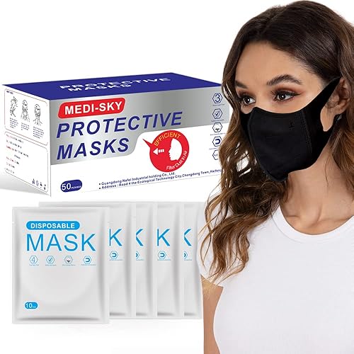 Medi-sky Mascarilla desechable 3D para adultos, correas elásticas de tela transpirable, paquete individual, 50 unidades, color negro