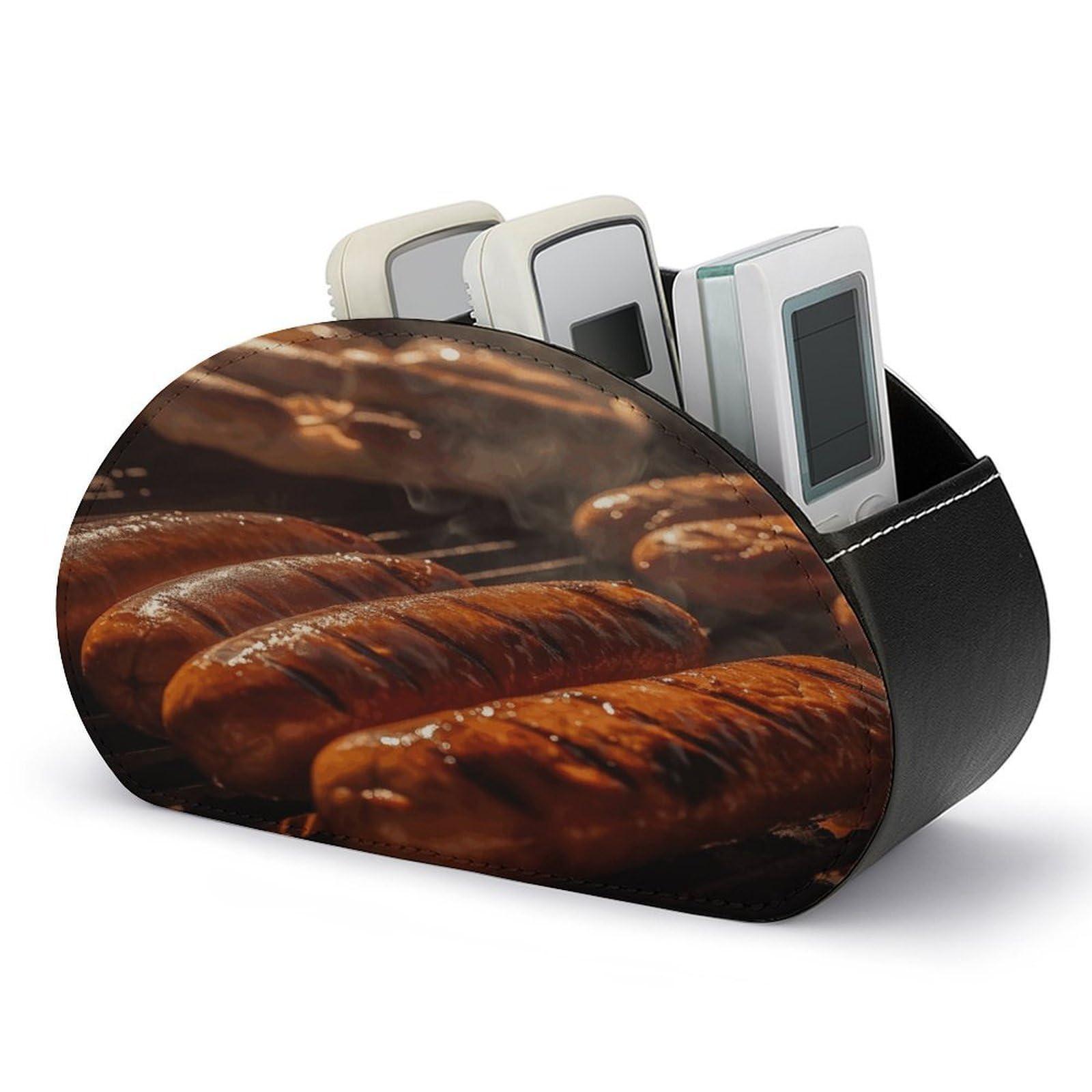 VstaDank Delicious Grill Sausage Remote Control Holder with 5 Compartments TV Remote Caddy / Box PU Leather Multifunction Office Desk Storage Box Bedside Table Desk Storage Organizer