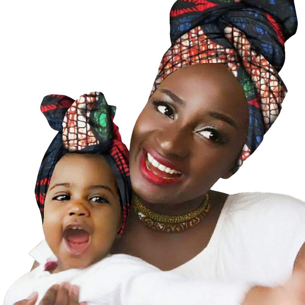 Mengyu2 Piece African Pattern Headwrap Vintage Print Turban Knot Elastic Headwear Hair Accessories for Mother and Baby