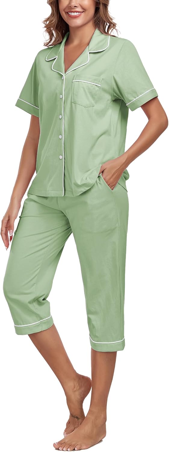 COLORFULLEAF 100% Cotton Women Pajama Short Sleeve Shrits With Capri Pants Pj Sets for Women Cotton Sleepwear