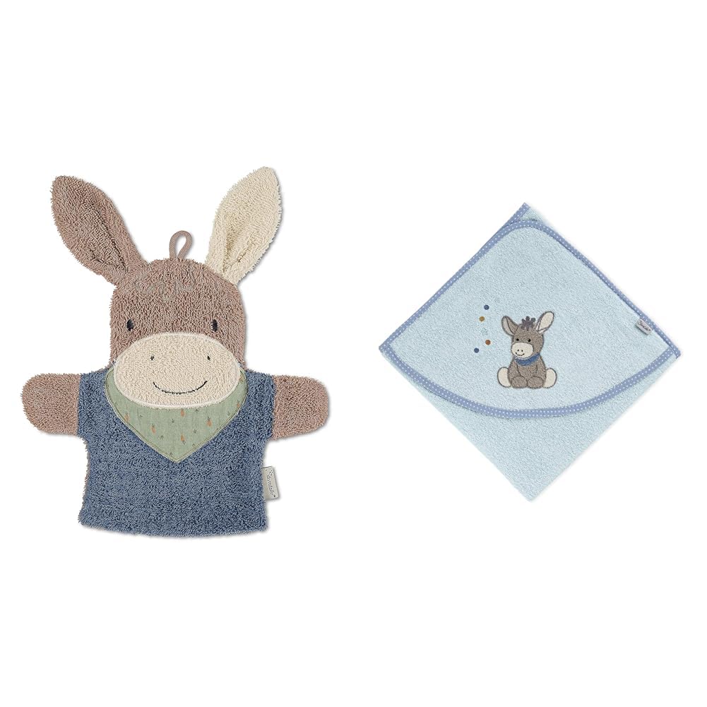 Sterntaler Spiel-Waschhandschuh Emmilius & Baby Handtuch Kapuze - Kapuzenhandtuch EMMI - Badeponcho- 100% Baumwolle, schnell trocknend - Badetuch mit Kapuze