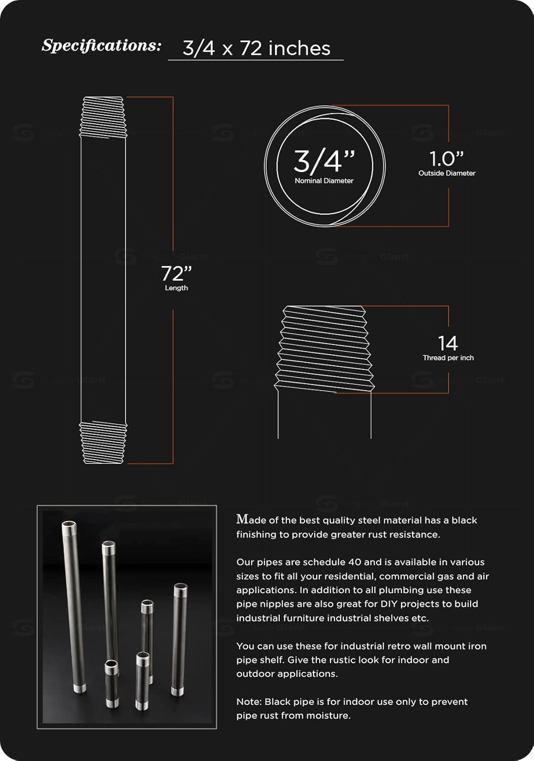 Supply Giant 3/4 Inch x 72 Inch Black Steel Pipe, Threaded Three Quarter Inch Malleable Fitting Build DIY Vintage Furniture, (Pack Of 5) - - 
