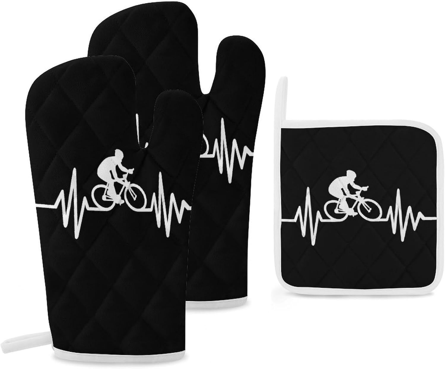 Bike Cycling Heartbeat Lifeline Print Oven Mitts and Pot Holders 3 Piece Sets Heat Resistant Gloves Hot Pads Potholders for Kitchen Baking Cooking