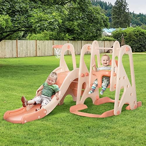 HOMCOM 3 in 1 Design Kids Swing and Slide Set with Basketball Hoop Toddler Playground Play Set Fun Climber Set Activity Center Indoor and Outdoor Play Equipment Pink