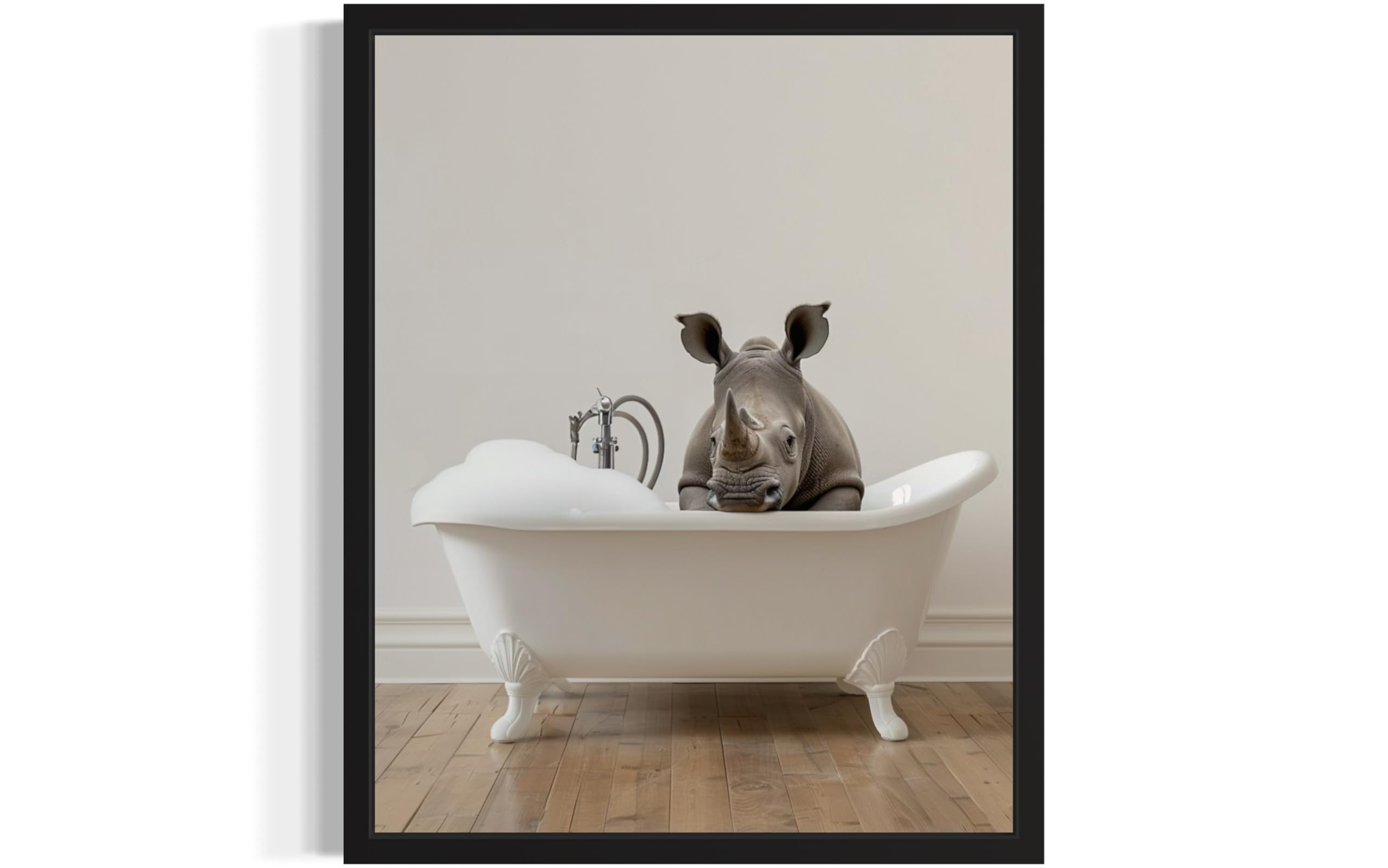 Rhino in Bathtub Wall Art Print Poster, Bathroom Decor Gallery Posters Prints for Restroom Home Picture Painting Artwork (Rhino, 11 x 14 inches, Black