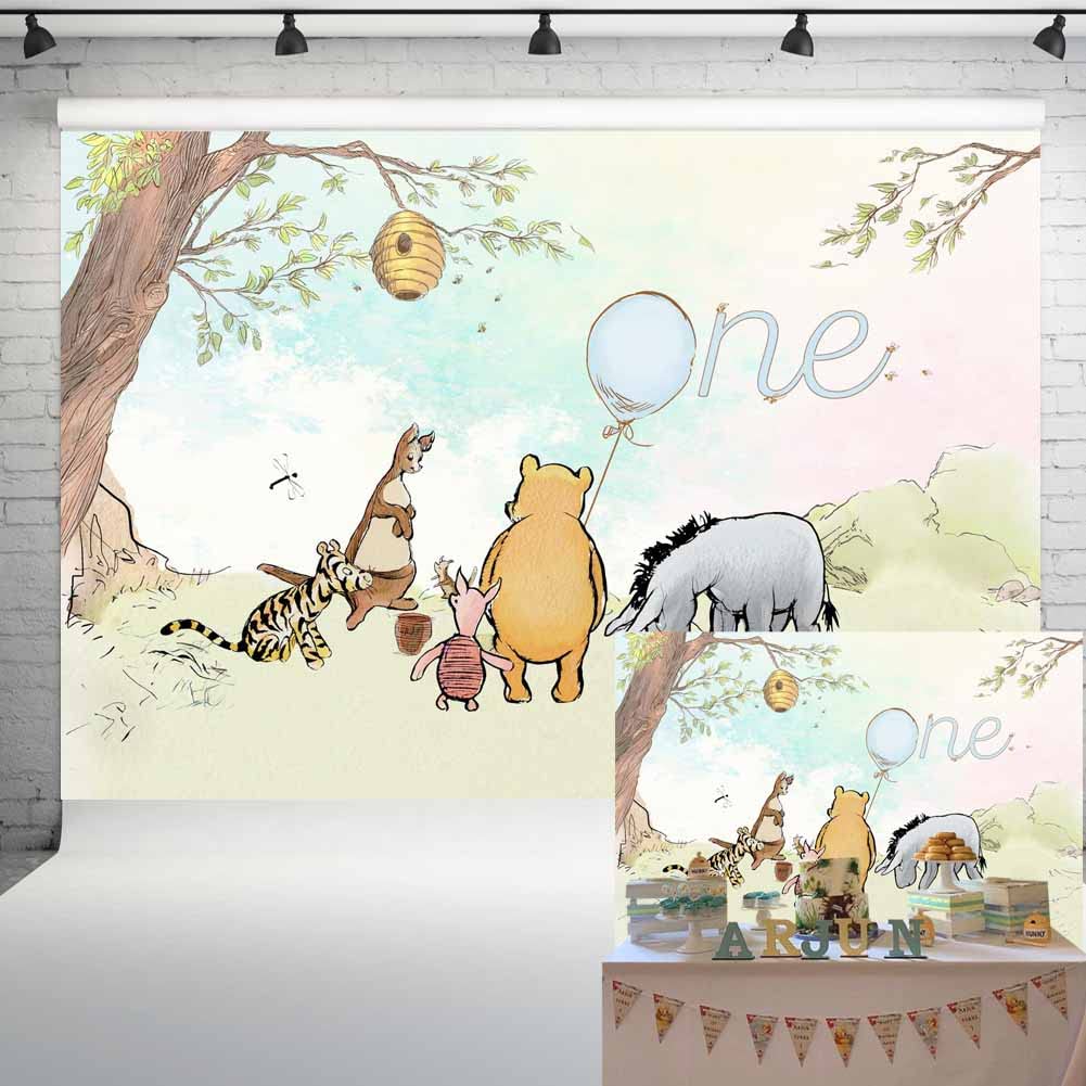 Classic Pooh Bear Backdrop Baby Boy 1st Birthday Decorations Watercolor Tree Sky Blue Balloon Vintage Background Banner for Dessert Table 7x5 ft 149