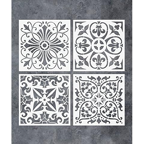 GSS Designs Pack of 4 Stencils Set 6x6 Inch Tile Stencil Painting On Floor Tiles Wall Fabric Wood Furniture Stencils (SL-018) Cover