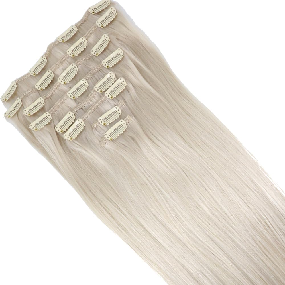 Real Human Remy Hair Clip In Hair Extensions 14 Inch 120G 7pcs Color #90 Ice Blonde Double Wefted Thick Ends Silky Soft Long Lasting Tangle Free Human Hair Extensions - Image 4