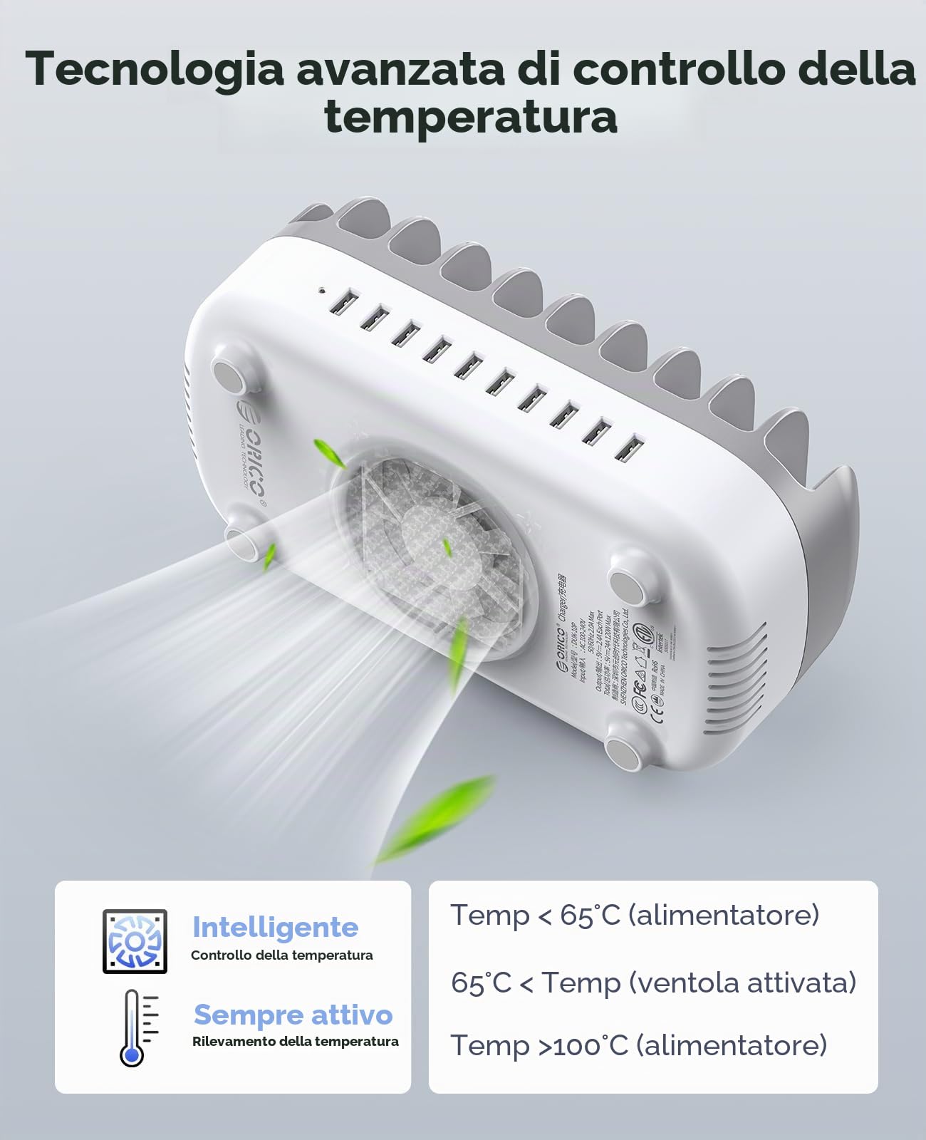 ORICO 120W Stazione di Ricarica Multi-Dispositivo, Versione Aggiornata 10 Porte USB con Ventola di Raffreddamento | Compatibile con iPhone, iPad, Smartphone Android e Tablet, Bianco
