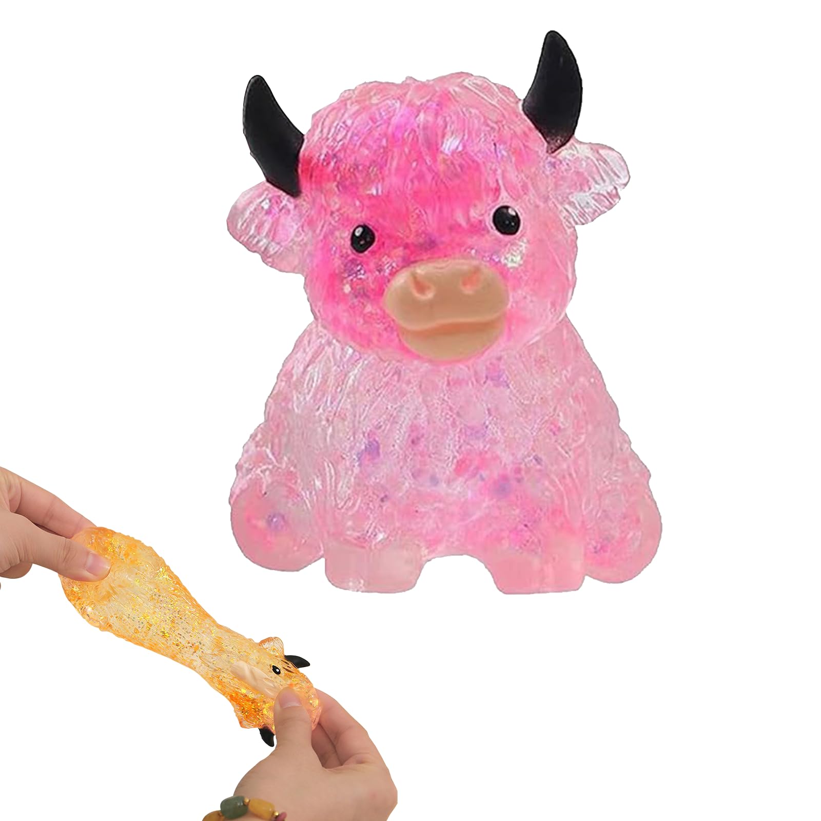 Fenydull Glitter Highland Cow Squishy Fidget Toy, Mini Highland Cow Figurine, Soft Silicone Sensory Stress Relief Toy for Adults, Cute Farm Animal Decor for Desk Office (Pink)