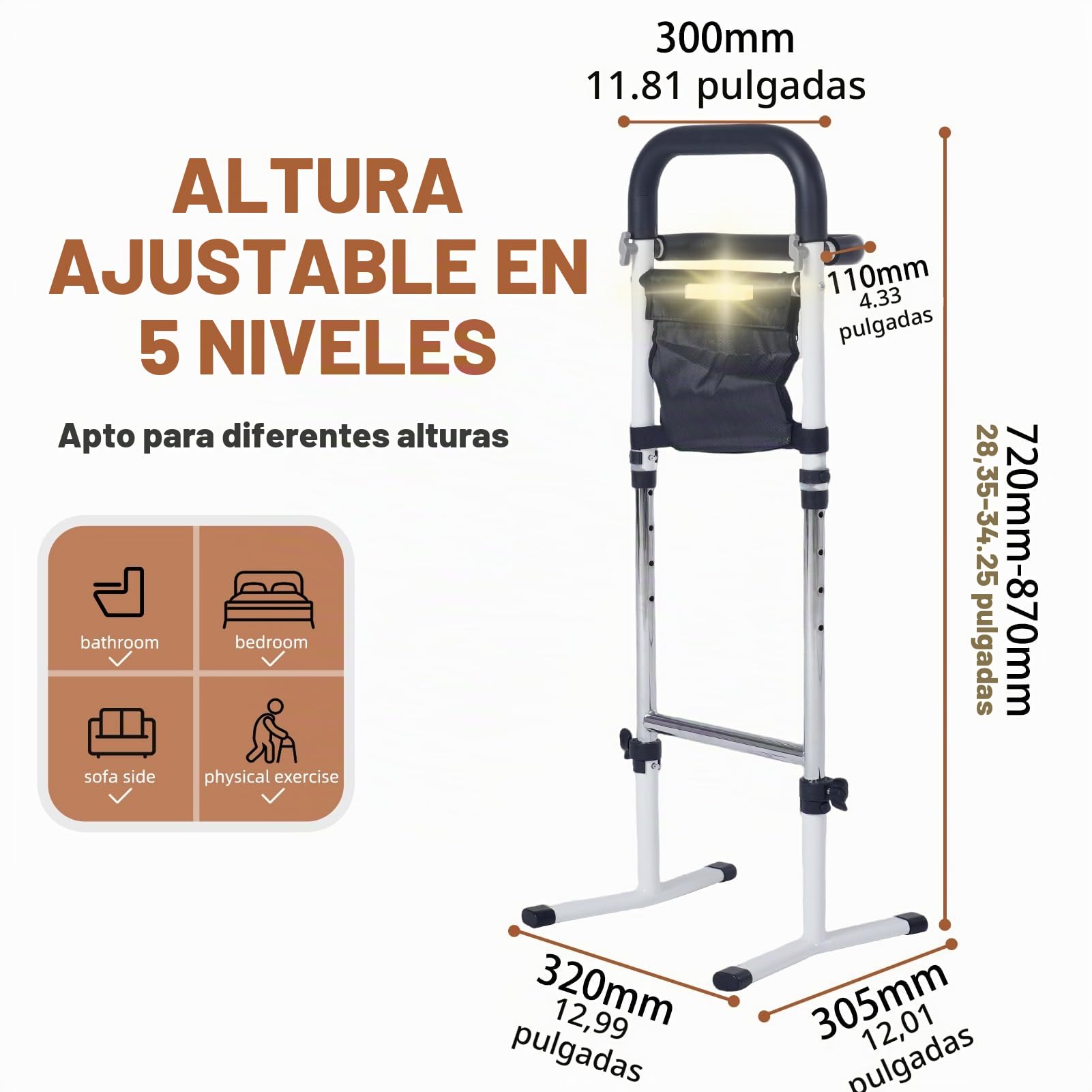 Ayuda para estar de pie y sentado, ayuda estable para estar de pie para personas mayores, 5 niveles ajustables con lámparas y bolsa de almacenamiento, ayuda para la movilidad y el día a día, 136 kg