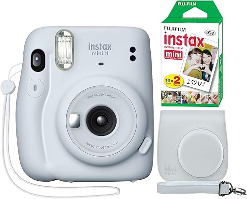 Fujifilm Cámara instantánea Instax Mini 11 color blanco hielo + funda personalizada mínima + película Fuji Instax 20 hojas paquete doble
