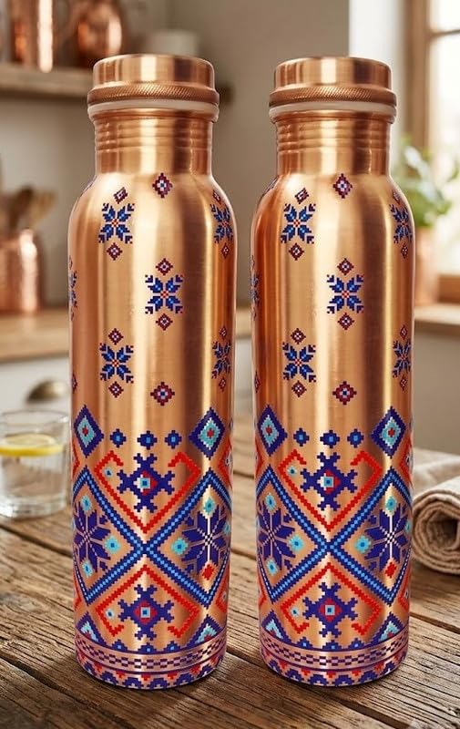 Kupferwasserflasche 32 Oz/950 Ml, 2Er-Pack, Auslaufsicher, Aus Reinem Kupfer, Trinkflasche, Farbige Gravur