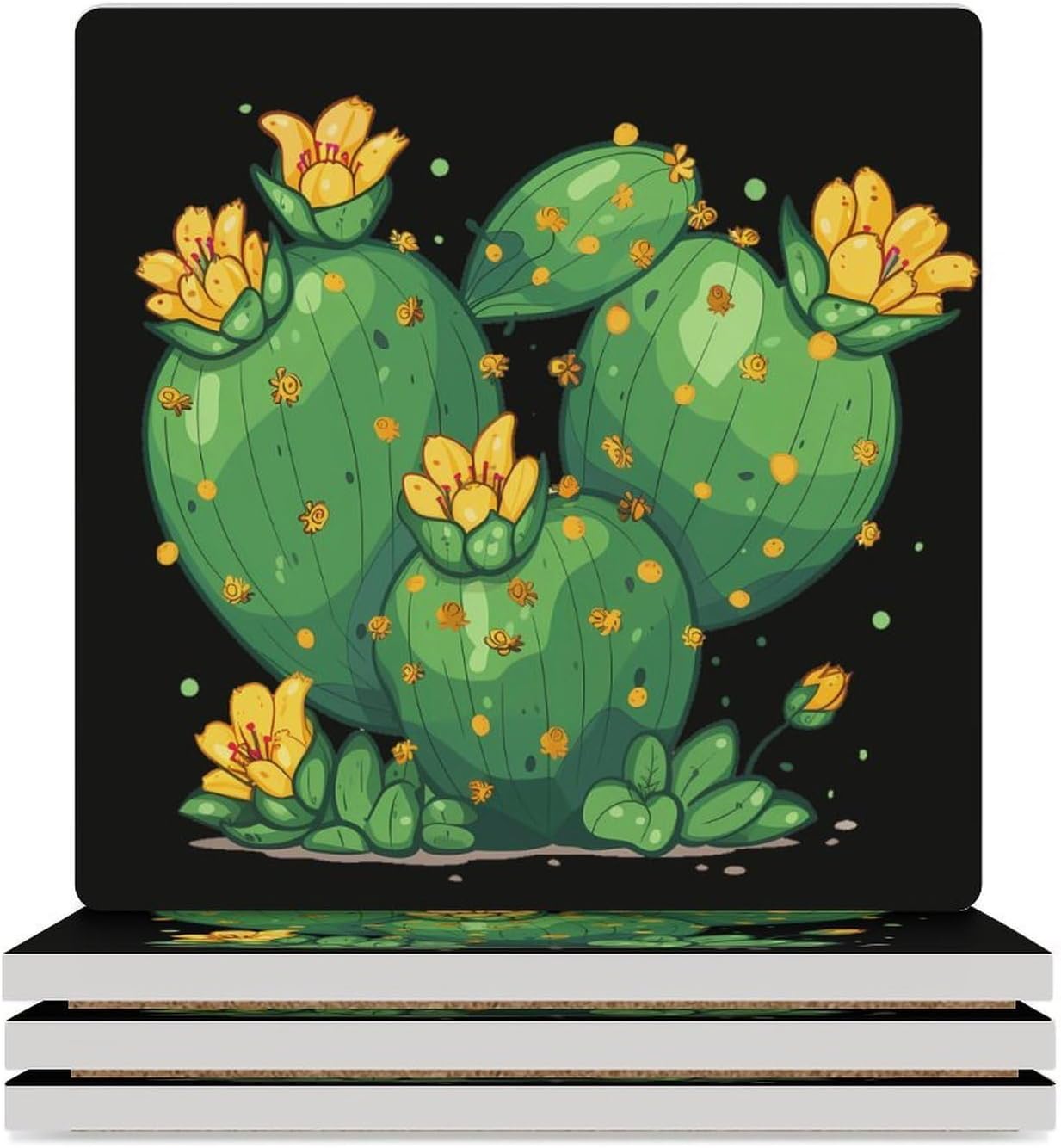 Cactus with Yellow Desert Flower Coaster for Drinks Square Ceramic Table Coasters Stone Mat Crafts 4PCS Home Kitchen Decor