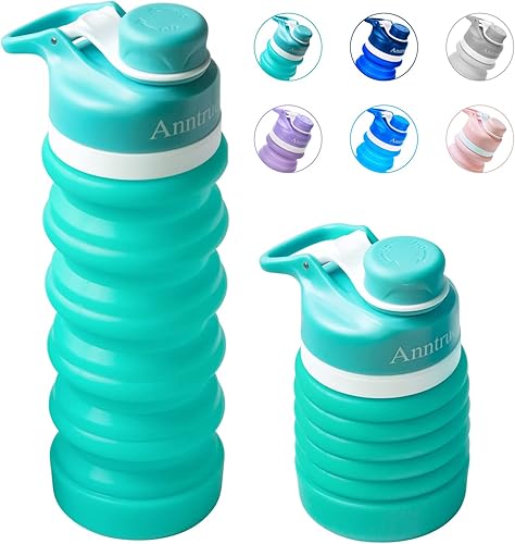 Collapsible Water Bottle Food-Grade Silicone Portable Leak Proof Travel Water Bottle, 18oz (Aqua Blue)