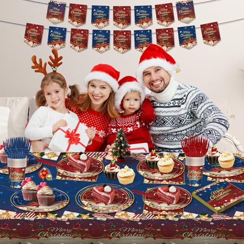 122 PCS Christmas Party Supplies Serve 24 Guests Merry Christmas Plates and Napkins Party Decorations Disposable Dinnerware Set Decor Red and Blue – Image 6